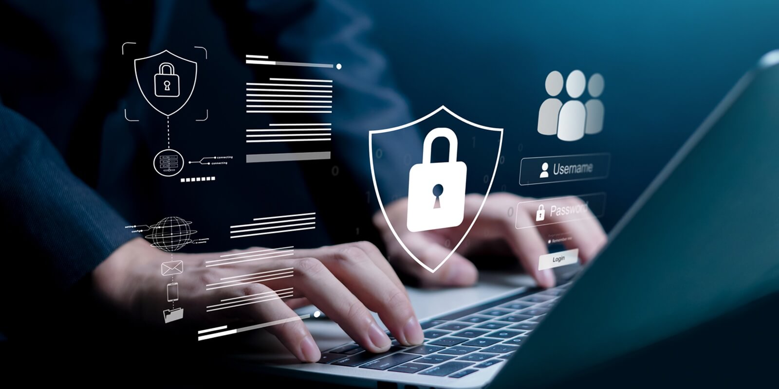 business professional typing on laptop with cybersecurity lock icons and login interface
