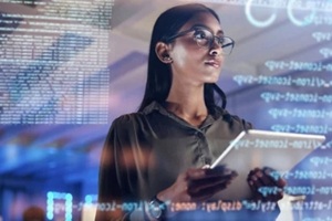 software, coding hologram and woman on tablet thinking of data analytics, digital technology and night overlay